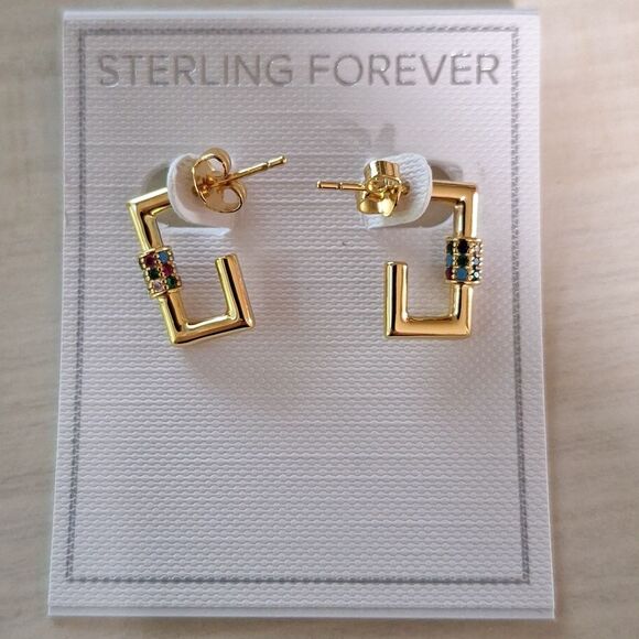 🎁Gold Multicolor Square CZ Carabiner Huggie Hoops Earring - Picture 5 of 7